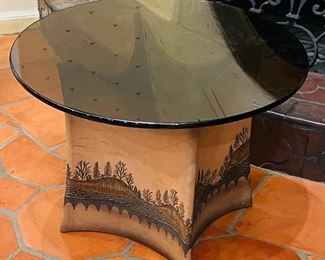 #36 - $295 Western mid century modern style table smokey glass and pottery signed base purchased in Phoenix in the 80's   • 18high 24 across