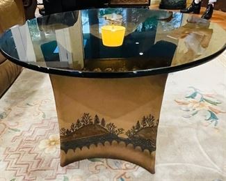 #36 - $295 Western mid century modern style table smokey glass and pottery signed base purchased in Phoenix in the 80's   • 18high 24 across
