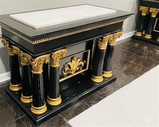 #11 - $1,000 Pair of painted Black and Carrera grey marble top Altar tables purchased from the Birmingham AL Elks lodge  •  34high 48wide 26deep 