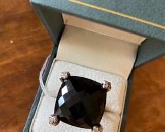 $150 David Yurman silver ring, onyx cushion cut stone sz 9 . diamonds