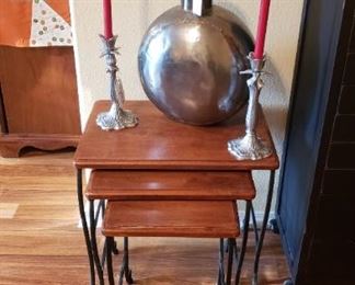 Nesting wood/iron tables, decor