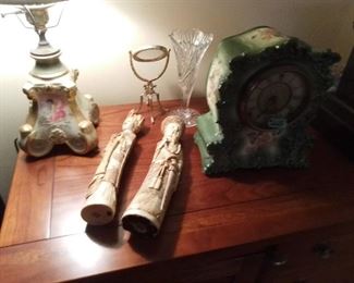 Rare early Boudoir Lamps part of a pair, pair of Chinese Royalty Ancestor Carvings, and our best European Porcelain Mantle Clock,