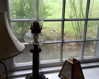 Tall, Antique Banquet Table Lamp, an oil burner, please don't "electrify" this beauty..., And and Arts and Crafts style leaded glass lamp shade,