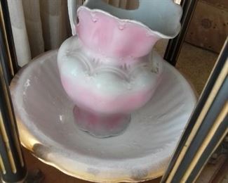 Pink and white pitcher and bowl set, possibly a n antique?