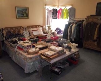 King size bed, ladies shoes, vintage clothing and fur coats/jackets