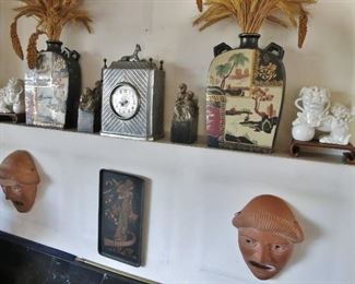 Pair of Half-Moon Vases; Pair of Carved Soapstone Bookends; (Foo Dogs sold) Pair of Italian Terracotta Masks; New Pewter Mantel Clock