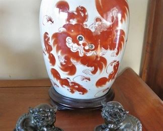 One of a Pair of Large Russet Foo Dog Ginger Jars:   Bronze Foo Dogs are sold