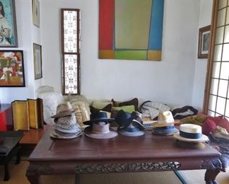 Large Pierce-Carved Coffee Table with Hat Collection; "After Mondrian" Large Orig Painting by Paul Cooper