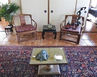 Chairs sold!  Hollywood Regency Pedestal Table and Black Lacquer Chinese Side Table