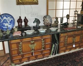 Large Chinese Blue & White Charger; Japanese Bronze Farmer & Wife; on Granite Table Top