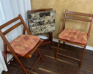 Pair of wooden folding chairs and TV trays