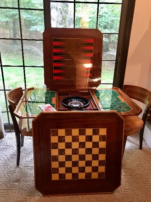 Vintage inlaid game table and chair set, imported from Italy. High quality, excellent condition. Gleaming wood.