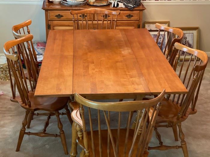 Drop leaf Harvest table 
Six Ethan Allen Brace Back chairs 