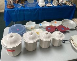 White canister set , Pyrex, waffle maker, blender, mixer, toaster, mid century bakeware 