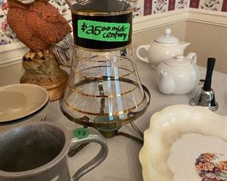 Mid century coffee pot, antique plates and platters 