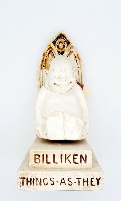 Antique 1908 Billiken Co. Chalkware Billiken God Of Things As They Oucht To Be. This is a two piece lot figurine with a throne. 