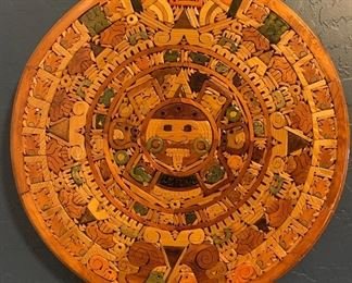 Handmade Wood Aztec Calendar or The Sun Stone