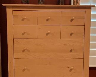 Crawford Furniture Jamestown, NY Queen Slatted Bedroom Set: Bed Frame, Dresser Highboy, Nightstand, Table Lamp, Duvet w Shams and Pillows