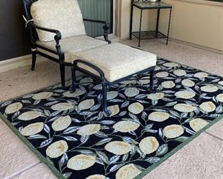 Patio Frontgate Chair and Ottoman, Indoor/Outdoor Ravella Liore Manne Lemon Black Area Rug 5' x 7'6", Side Table