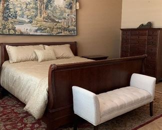 King Stanley Sleigh Bedroom: Bed Frame, Dresser, Gentleman’s Chest, 2 Nightstands, Bench, Area Rug, Tapestry