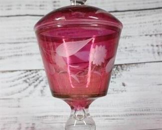 Retro Cranberry Floral Pattern Lidded Pedestal Glass Jar