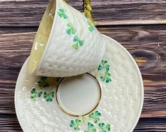 Belleek Teacup and Saucer, 3 leaf clover Shamrock design