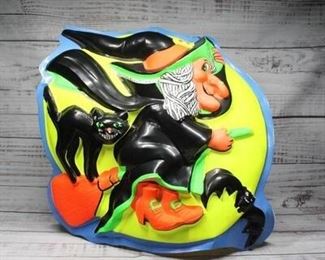 Vintage Halloween Blow Mold Wall Hanging Flying Witch with Black Cat on Broom