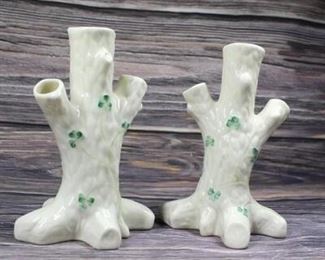 Vintage Pair of Belleek Shamrock Tree Trunk Vase Candleholders