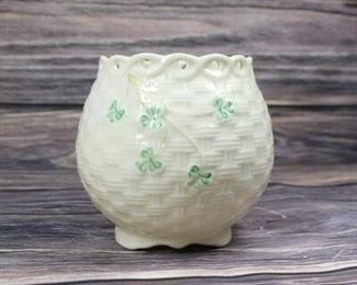 Vintage Belleek Shamrock Pierced Vase Basketweave Rose Bowl