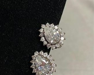 Vintage Teardrop Rhinestone Clip On Sterling Silver Earrings