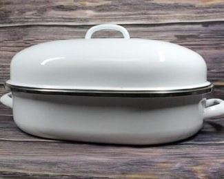 Enamel White Roasting Pan, large, oval, 3 pieces pan,lid, rack