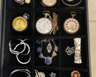Vintage pocket watch assortment, two very nice Railroad style.  Antique blue lapace Deco necklace  
