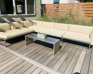 Chrome and Upholstered Outdoor Patio Sectional, Chrome Outdoor Table