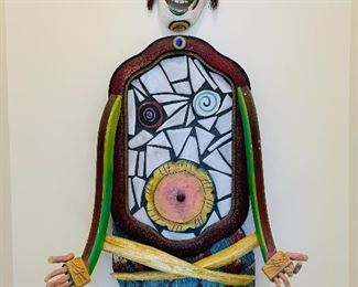 Hand Carved, “Buddha Girl” Wood and Tile Wall Art
