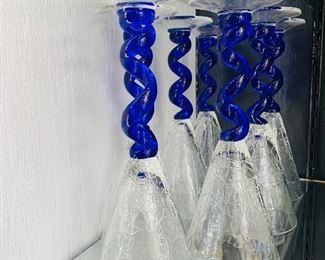 Cobalt and White Hand Blown Stemware, Signed