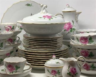 Meissen Pink Rose Porcelain Dinnerware, Sixty-Three Piece Set