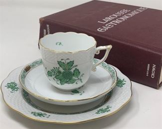 Herend Green Chinese Bouquet Chocolate Cup, Saucer and Plate Set