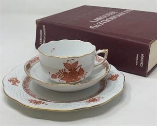 Herend Rust Red Chinese Bouquet Teacup, Saucer and Plate Set