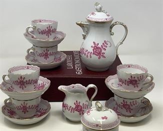 Meissen Porcelain Indian Painting Pink Coffee Tea Set, Fifteen Piece Set