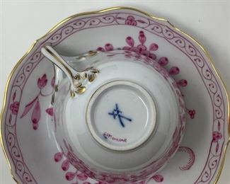 Meissen Porcelain Indian Painting Pink Coffee Tea Set, Fifteen Piece Set