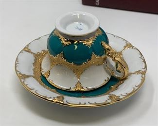 Meissen Porcelain B Form Russian Green and Gold Coffee Tea Set, Fifteen (15) Pieces
