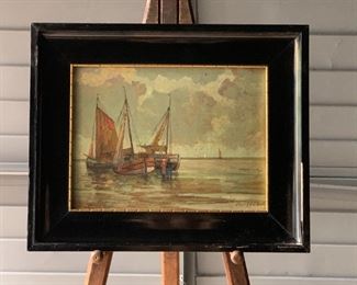 Framed Painting, Three Sailing Vessels At Low Tide, by Hans Harlander (German, 1880-1943), Oil on Panel