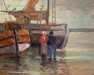 Framed Painting, Three Sailing Vessels At Low Tide, by Hans Harlander (German, 1880-1943), Oil on Panel