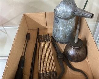 Wooden Folding Ruler, Oil Can and Old Funnel