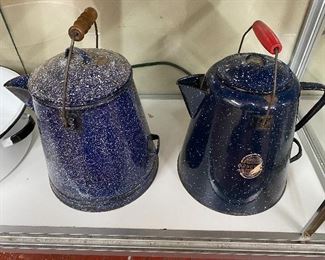 Old Blue and White Enamelware Coffee Pots with Wooden Handles