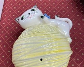 Porcelain Figural Cat String Holder