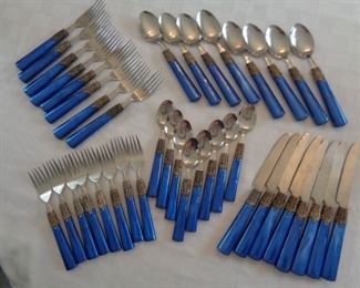 vintage Gibson cobalt blue flatware, 40 pieces, 5 piece place-setting including dinner and salad forks, soup and dessert spoons, knife