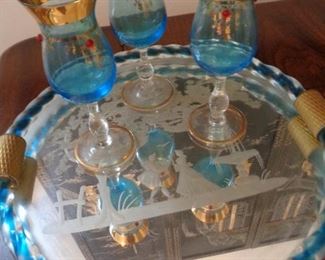 set of 3 Murano style Venetian Cordials, blue and red jeweled art blown glass with hand-painted gold trim on mirrored tray
