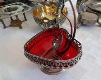 silver plate and ruby glass condiment server