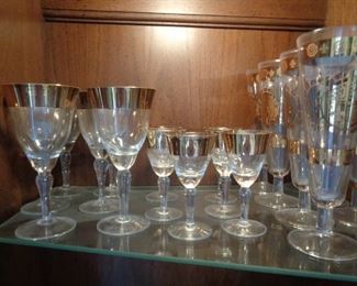 gold rimmed goblets, sherry glasses, and 8 Vita Bari mid-century stemmed pilsner 8 1/2" beer glasses